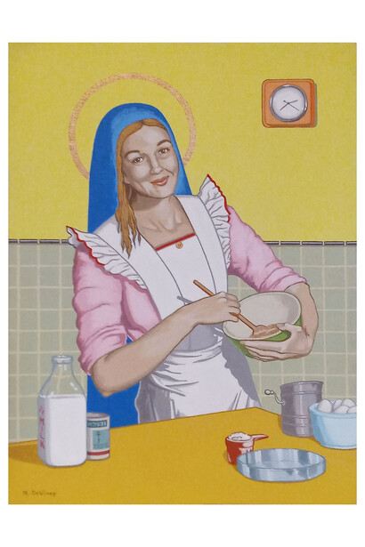May DeViney, Betty Crocker Madonna, 29x17x3 inches; acrylic on canvas over wood, collage, fabric, metal, ribbon, lighted antique frame. Courtesy of the artist and Viridian Artists Inc.