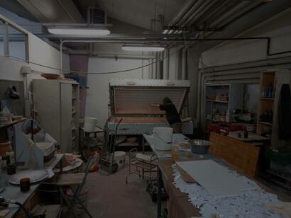 Joan Crous working in his art space