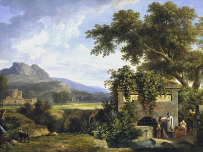 Pierre-Henri de Valenciennes- Paisaje clásico con figuras bebiendo junto a una fuente