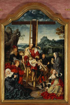 Joos van Cleve, Triptych. Centre: the Deposition from the Cross; Left wing: St John the Baptist with a Donor; Right wing: St Margaret of Antioch with a Donatrix