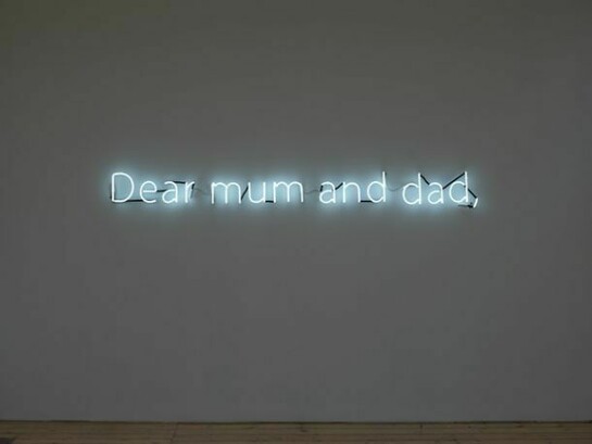 Gabriele de Santis, Dear Mum and Dad, 2013, neon, transformer, 224 x 27 cm, © courtesy of the artist and Sprovieri London