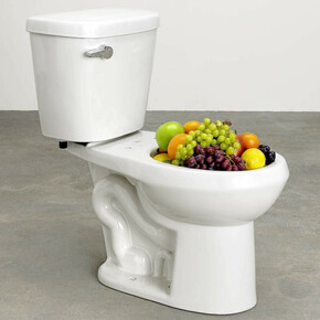 Urs Fischer, TBD toilet,
2015,
porcelain toilet, polystyrene, fruit,
76.8 x 44.5 x 70.5 cm / 30 ¼ x 17 ½ x 27 ¾ in,
edition 1 of 2 + a/p, Copyright the artist, courtesy Sadie Coles, HQ, London