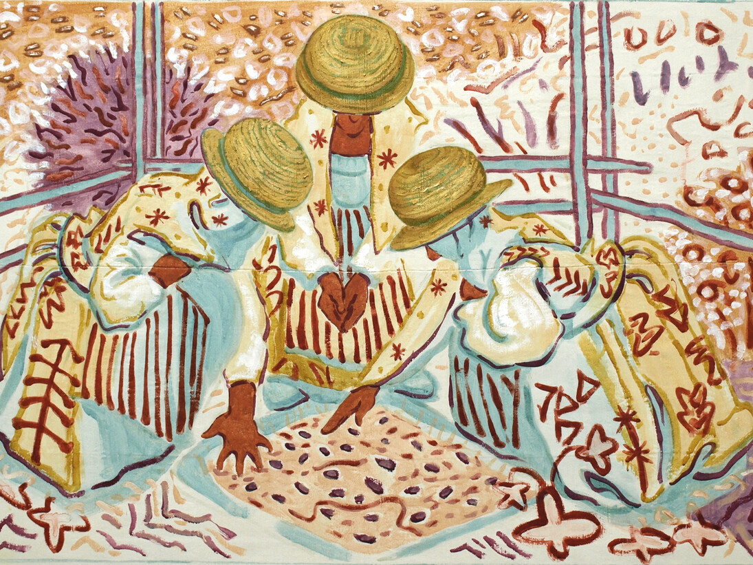 Holmwood, Sigrid 'Examining Soil', 2015, Shite yellow made from buckthorn berries; red made from madder roots; Mayan blue made from woad; purple made from cochineal be