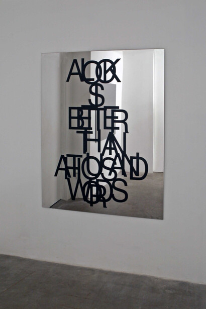 Be Andr, A Look Is Better Than A Thousand Words, , 2014, highly polished steel and vinyl, 60 x 48 inches