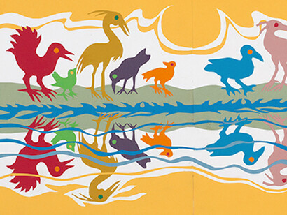 Ashley Bryan, American, born 1923, The birds’ colors were mirrored in the waters, ca. 2002
Cut-paper collage on paper. Final illustration for Beautiful Blackbird (Atheneum Books for Young Readers, 2003). The Eric Carle Museum of Picture Book Art, Amherst, Massachusetts. Gift of the artist in memory of Trinkett Clark 
