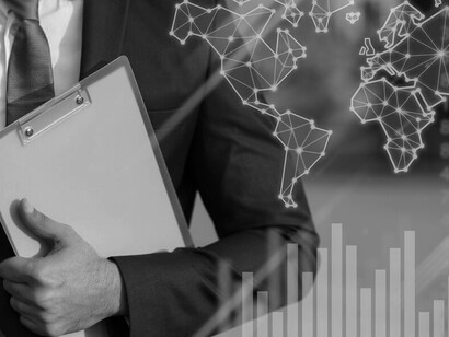 Businessmen using virtual world maps highlight how multinational corporations influence global trade, economic growth, and technological innovation through strategic international investment