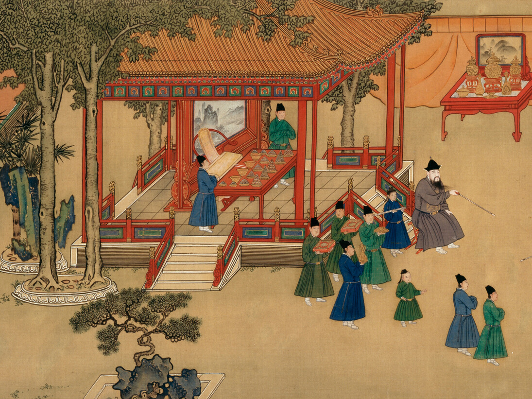 Detail from ‘Amusements in the Xuande emperor’s palace’ showing the emperor playing an arrow-throwing game, handscroll, ink and colours on silk, Xuande period, 1426–1435, Anonymous, The Palace Museum, Beijing. © The Palace Museum