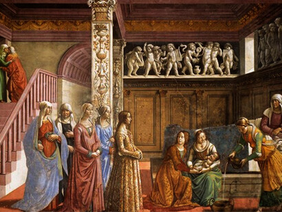 Domenico Ghirlandaio, Cappella Tornabuoni,  Interno di casa patrizia fiorentina