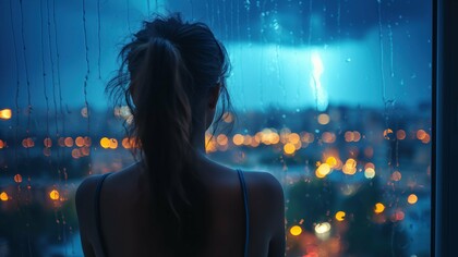 A woman stares out as it rains, reflecting the constant pain that lingers within at the memories of her whom she lost 