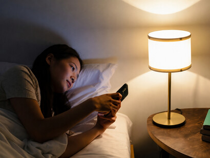 Woman lying on bed in a dark room, using her mobile phone
