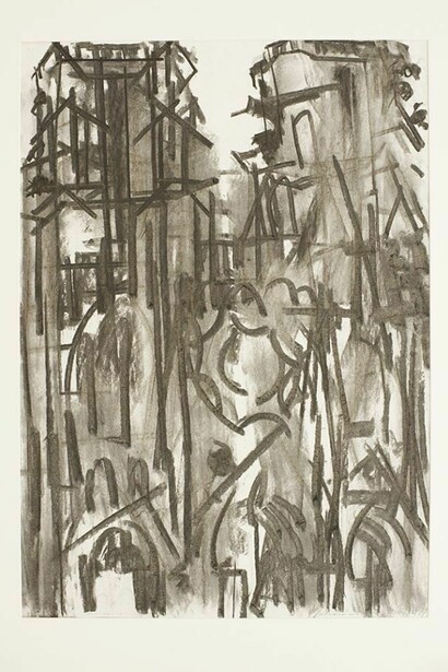 Dennis Creffield, Laon: West Front, 1989, Charcoal on paper, Pallant House Gallery, Wilson Loan (2006), © Dennis Creffield