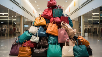 Pile of shopping bags in a mall, illustrating the impact of fast fashion
