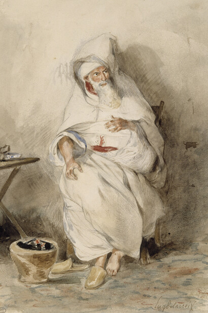Amin-Bias, ministre des finances et des affaires étrangères au Maroc en 1831 Le portrait appartient à un album dit « Album Mornay » réalisé par l'artiste à Toulon entre le 5 juillet et le 20 juillet 1832 RF4612-recto Delacroix Eugène (1798-1863) Localisation : Paris, musée du Louvre, D.A.G. Photo (C) RMN-Grand Palais (musée du Louvre) / Thierry Le Mage 