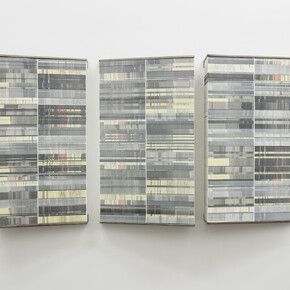 Exhibition view (detail), Mafalda Santos, Carta em três estrofes | Letter in three stanzas #1-#2-#3, 2015, printed paper and metal structure, 90 x 50 cm x depth variable (each), photo: João Ferro Martins, Image courtesy of the artists and 3+1 Arte Contemporânea, Lisbon, Portugal.