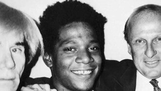 Picture of Jean Michel Basquiat with Andy Warhol, Francesco Clamente and Bruno Bischofberger in New York, 1984  