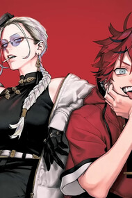 An illustration of two Gokurakugai characters, with Alma’s vivid red jacket heightening his bold, mischievous presence