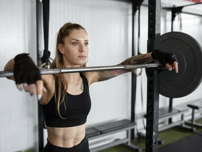 A focused woman stands in front of a loaded barbell dressed in athletic wear with gloves for support, embodying strength and resilience and highlighting the mental fortitude of modern fitness
