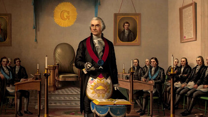 O presidente dos EUA, George Washington, presidindo uma reunião da Loja Maçônica de Alexandria, Virgínia. Esta reunião preparou a loja para lançar a pedra fundamental do Capitólio dos Estados Unidos em 18 de setembro de 1793