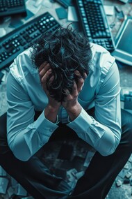 A man in distress surrounded by keyboards, representing how uncertainty grows when innovation moves faster than understanding