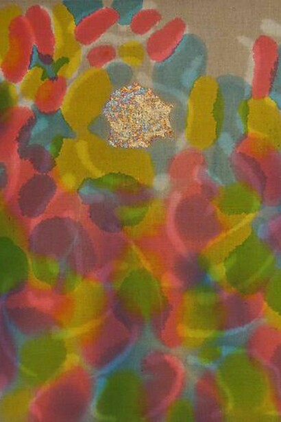 Saira McLaren, Fifth Movement, 2013, acrylic dye and variegated gold leaf on raw linen, 24 x 30 inches