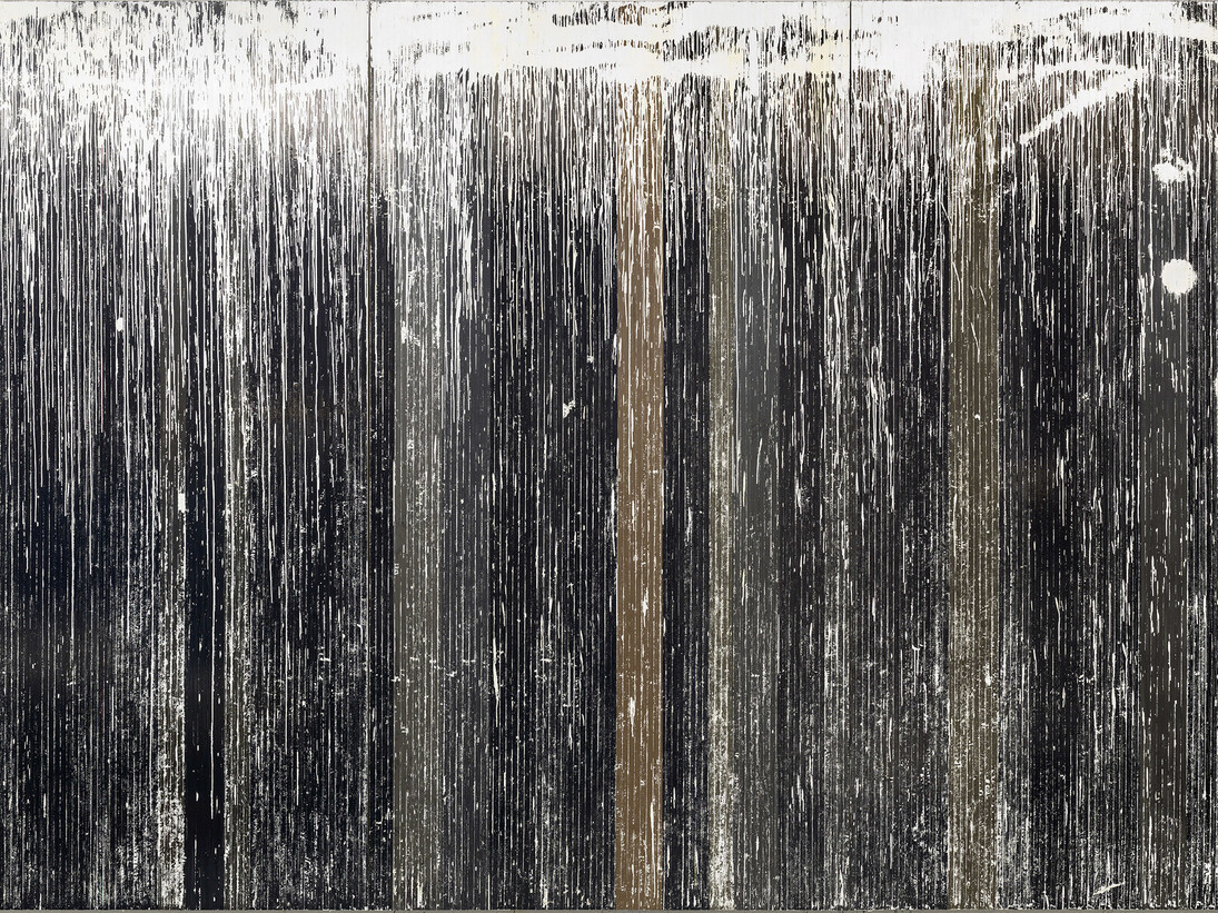 Gregor Hildebrandt, White rain falling on a stubble field, 2015, Cassette tape, adhesive tape and acrylic paint on canvas, 303 x 480 cm
