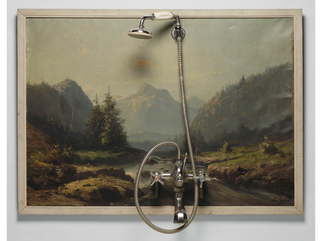 Daniel Spoerri, born 1930, Shower, 1961, Oil paint on canvas, shower head, hose and fitting, 702 x 965 x 185 mm © ADAGP. Photo © Centre Pompidou, MNAM-CCI, Dist. RMN-Grand Palais / Philippe Migeat
