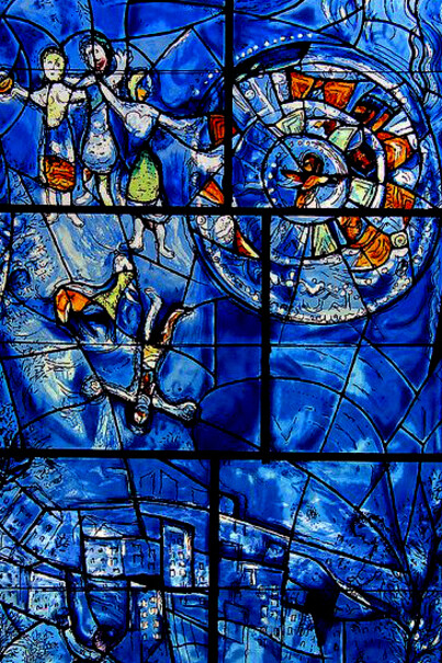 Marc Chagall Fraumünster blue window Zurich Switzerland, stained glass church interior, spiritual light, historic European church