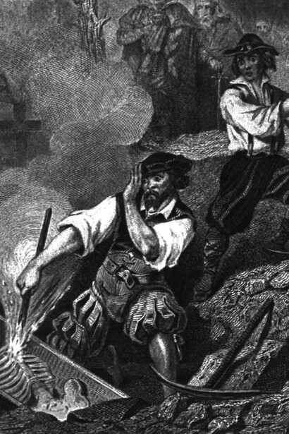 Lithograph showing townsfolk burning the exhumed skeleton of an alleged vampire