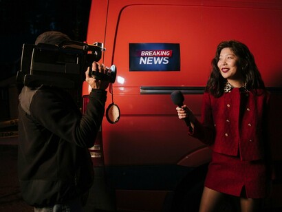 A journalist on location beside a news van while a photographer captures unfolding events, symbolising the race to document reality in real time