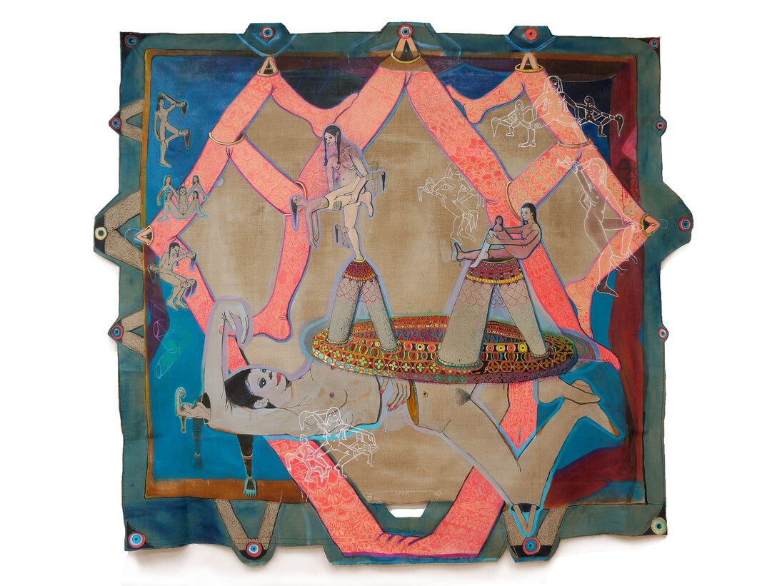 Marlene Steyn, Knee and elbow birthday, 2014, Ink and oil on linen, 212 x 234 cm