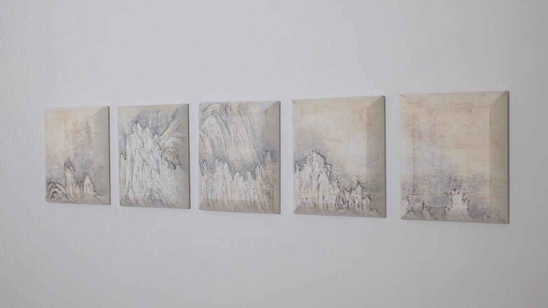 Jennifer Cho, Mountains, 1995 - 2003, acrylic, color pencil, digital painting on convexo canvas, 150x120x2 inches. Courtesy of the artist and Jennifer Baahng Gallery