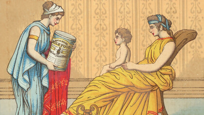 One woman stands holding a large can of food, as another woman and a child sit nearby