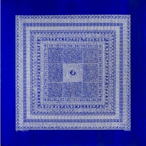 Rachid Koraïchi,
Les ailes bleues des Anges, 2022.
Acrylic on canvas,
150 x 150 cm.
© Rachid Koraïchi and Factum Arte.
Courtesy the Artist, October Gallery and Factum Arte.
Photo © Oak Taylor Smith