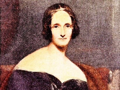 A pointillism portrait of Mary Shelley author of Frankenstein