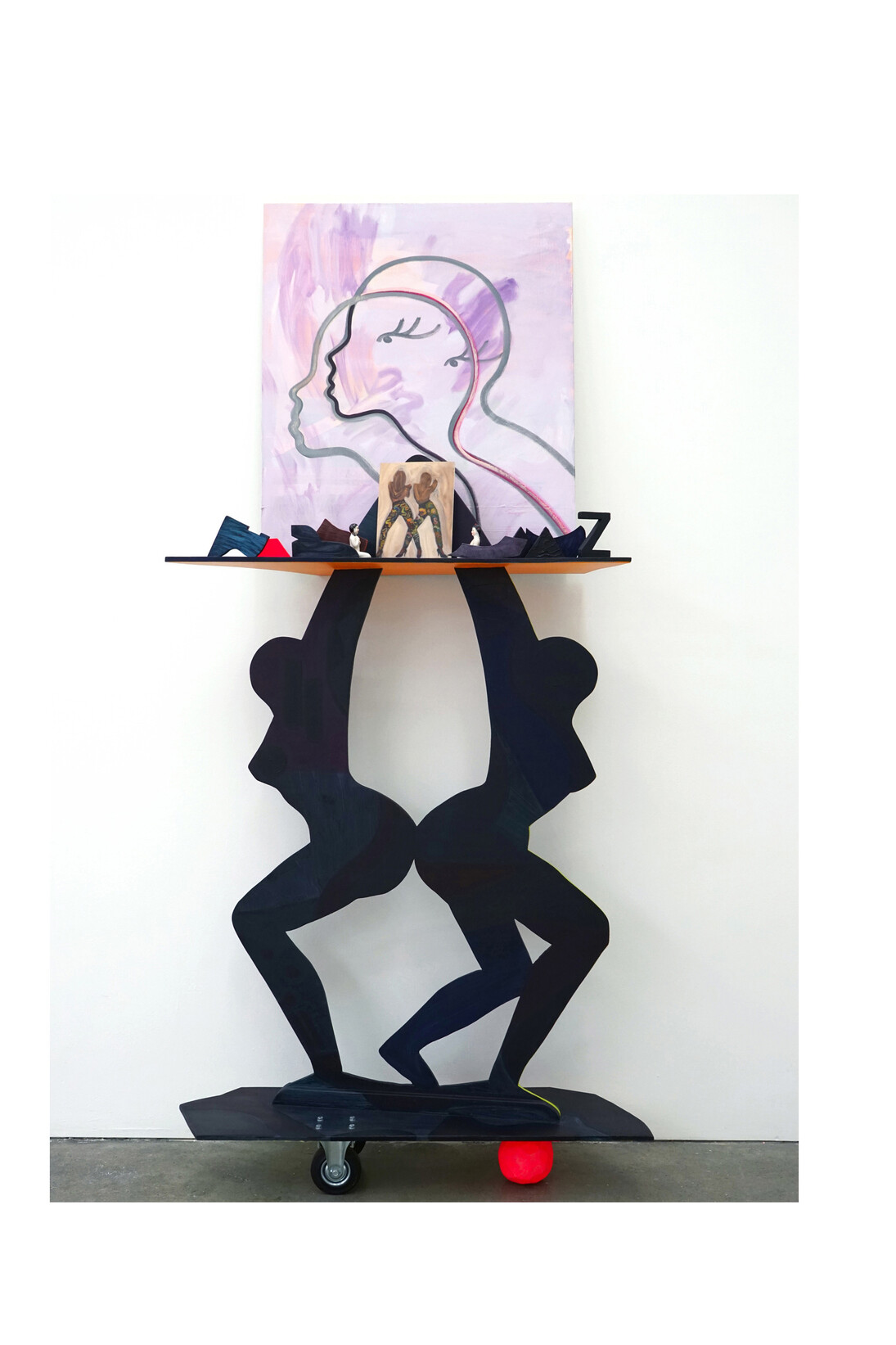 Zadie Xa, Shake, Bake, Skate, Vroom, Vroom, 2014, Steel, rubber, German porcelain, oil and spray paint on wood and canvas, 120 x 39 x 252cm