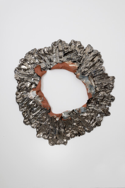 Brie Ruais, Torn Hole, 132lbs (Blue), 2014, Glazed and pigmented ceramic, hardware, 63 x 61 x 4 inches, 160 x 154.9 x 10.2 cm, courtesy the artist and Nicole Klagsbrun, photo credit Adam Reich