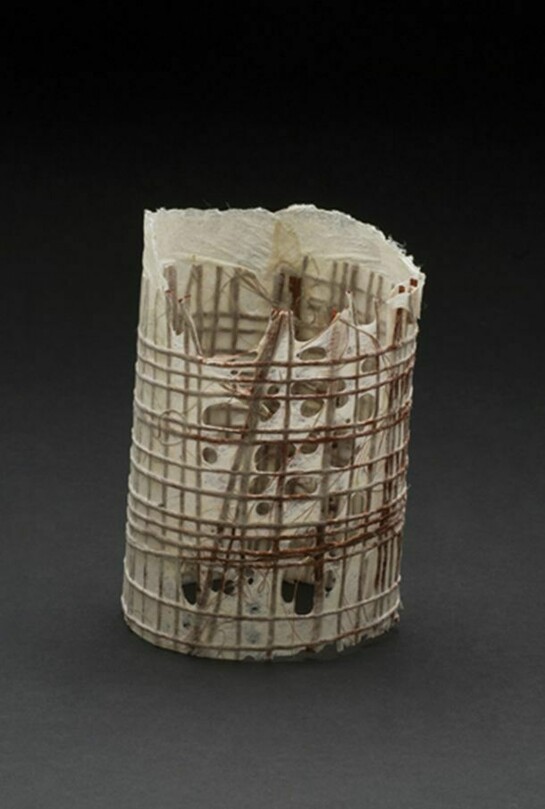 Yuko Kimura (American, b. 1968), Paper Windows no. 2, 2013, indigo dye and intaglio on pleated, washi & old book pages from Japan, 3 1/4 x 3 x 2 1/4 inches