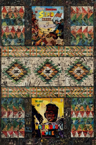 Decimation, 108 x 81, comic collage on wood, 2018 (no border) 