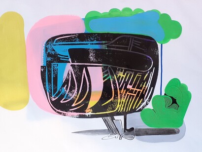 The pause with some gardening skills. 35cm x 27cm. Acrylic and ink on paper. By Jane Dinmore