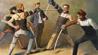 Sabre duel of German students, around 1900, painting by Georg Mühlberg (1863–1925)
