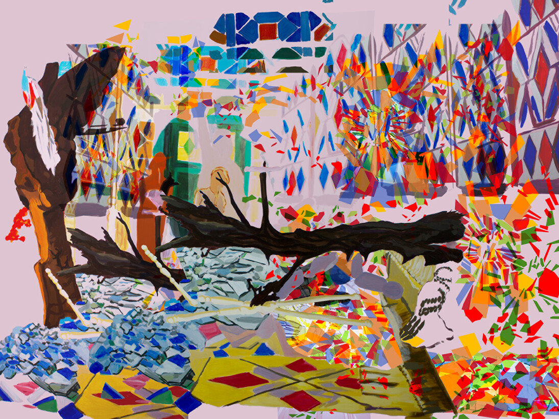 Ranu Mukherjee, Home and the World, 2015, Hybrid Film, HD-bd-r, Corridor from Ray's 'Ghare Baire', tile floor, earth floor, women moving forwards, fallen tree, Gulmohar and Banyan, owlgoat, dust, peacock, Bombay ephemera, broom, bamboo scaffolding, foil arch, tinsel, plywood, Dimensions variable, Courtesy of the Artist and Gallery Wendi Norris, San Francisco. 
