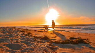 A man walks his dog along the beach as the sun sets over the horizon