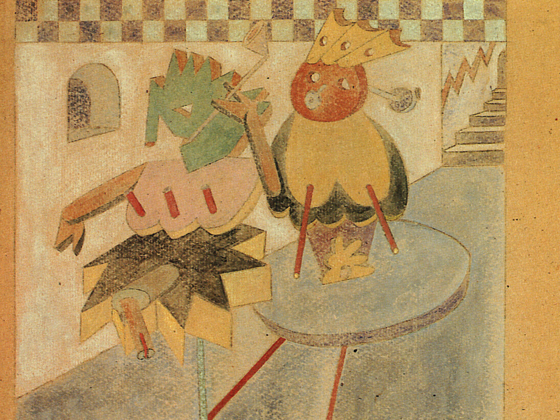 Fortunato Depero. Marionette (Architettura di  ballerine), 1917. Tempera su cartone. 34,5 x 37,5 cm.  Firmato Depero 1917 in basso a dx.
Courtesy Galleria d’Arte Matteotti