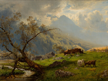 Platero y yo: 132 – La muerte: la barriguilla de algodón se le había hinchado como el mundo, y sus patas, rígidas y descoloridas, se elevaban al cielo. Hjalmar Munsterhjelm (1840–1905), "Pastor en los Alpes", 1860, óleo sobre lienzo