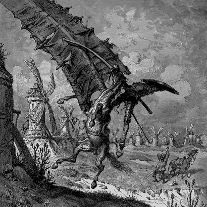 Gustave Doré; Don Quijote luchando contra un molino de viento en su caballo, Rocinante