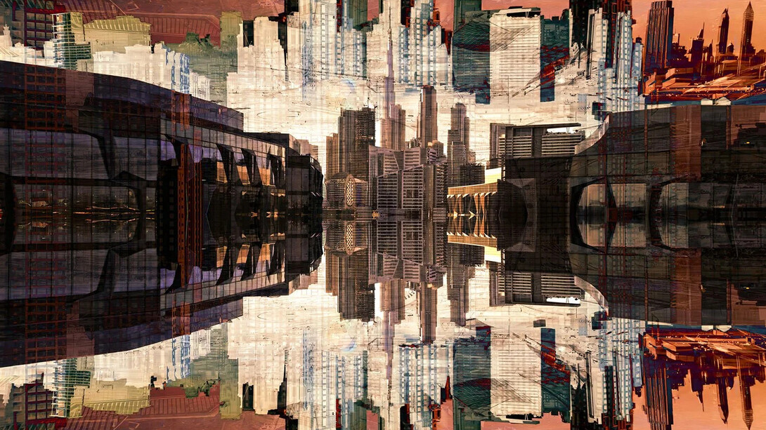 Jonathan Gainer, Tripartite skyline terra rosa (detail), 2025. Courtesy of Bruno David Gallery