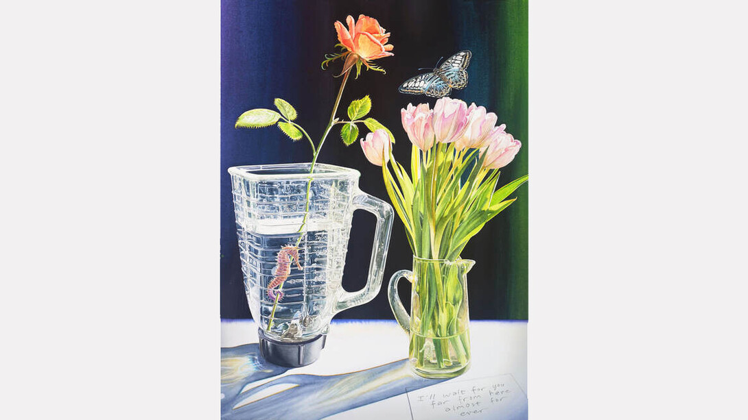 Paul Pitsker, Distant, 2023, watercolor, 25x18 in., 35x28 in. framed. Courtesy of Billis Williams Gallery