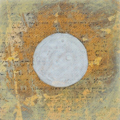 Nicola Ginzel, Transitional Fragment: Prayer Page transfer with circle, 2002 - 2005, Transfer print onto watercolor paper, gold leaf, gouache, pastel and acrylic paint, 3 1/2 x 3 1/2 inches
