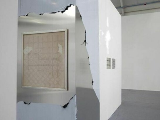 Luke Burton, Reticulation, Vermiculation and Precision Noodling, 2012, Dimensions Variable, Aluminium, plastic, silver guilded frame, Michael Ginsborg drawing (paper, graphite and ink), digital prints, noodles, gloss paint, installation view