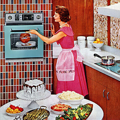 A vintage housewife skillfully prepares meals in a retro kitchen, embodying the essence of family cooking during the post-war era, where convenience and tradition blend seamlessly